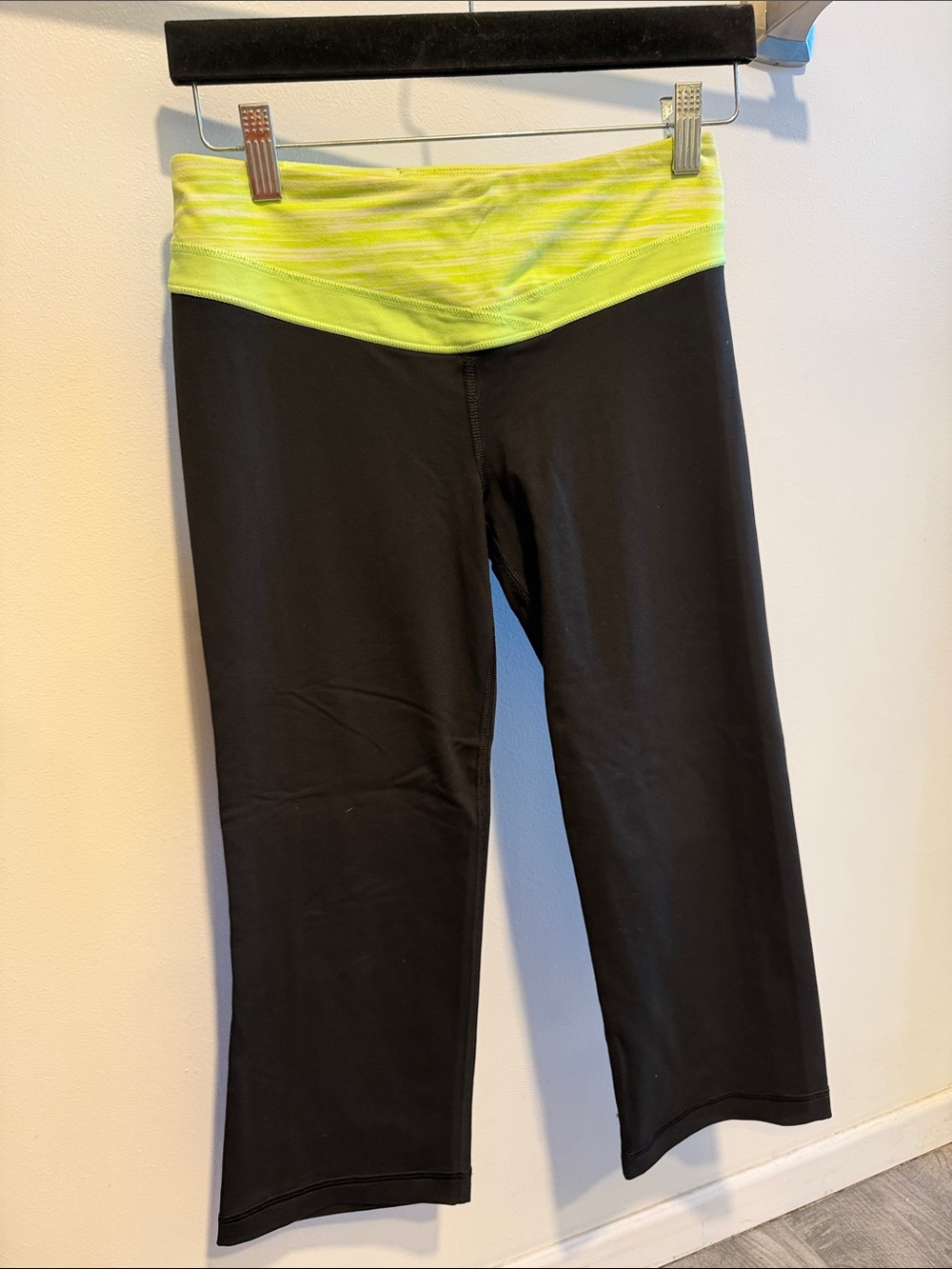 Victoria's Secret Black Capri Leggings with Neon Yellow Waistband